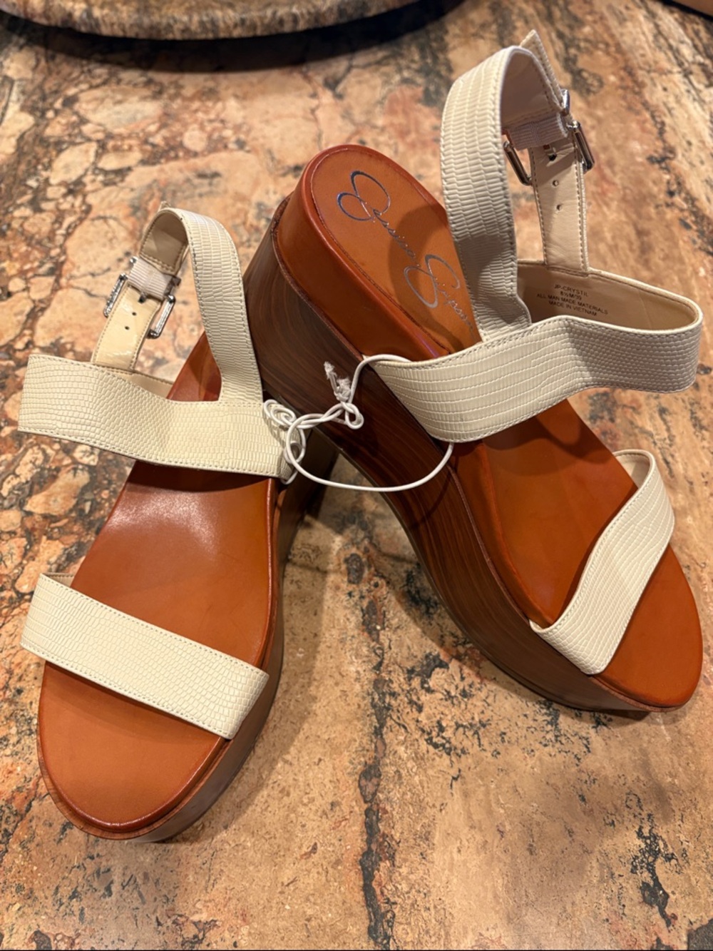 New Jessica Simpson 8.5 Cream Strap Retro Platform Wedge Sandals